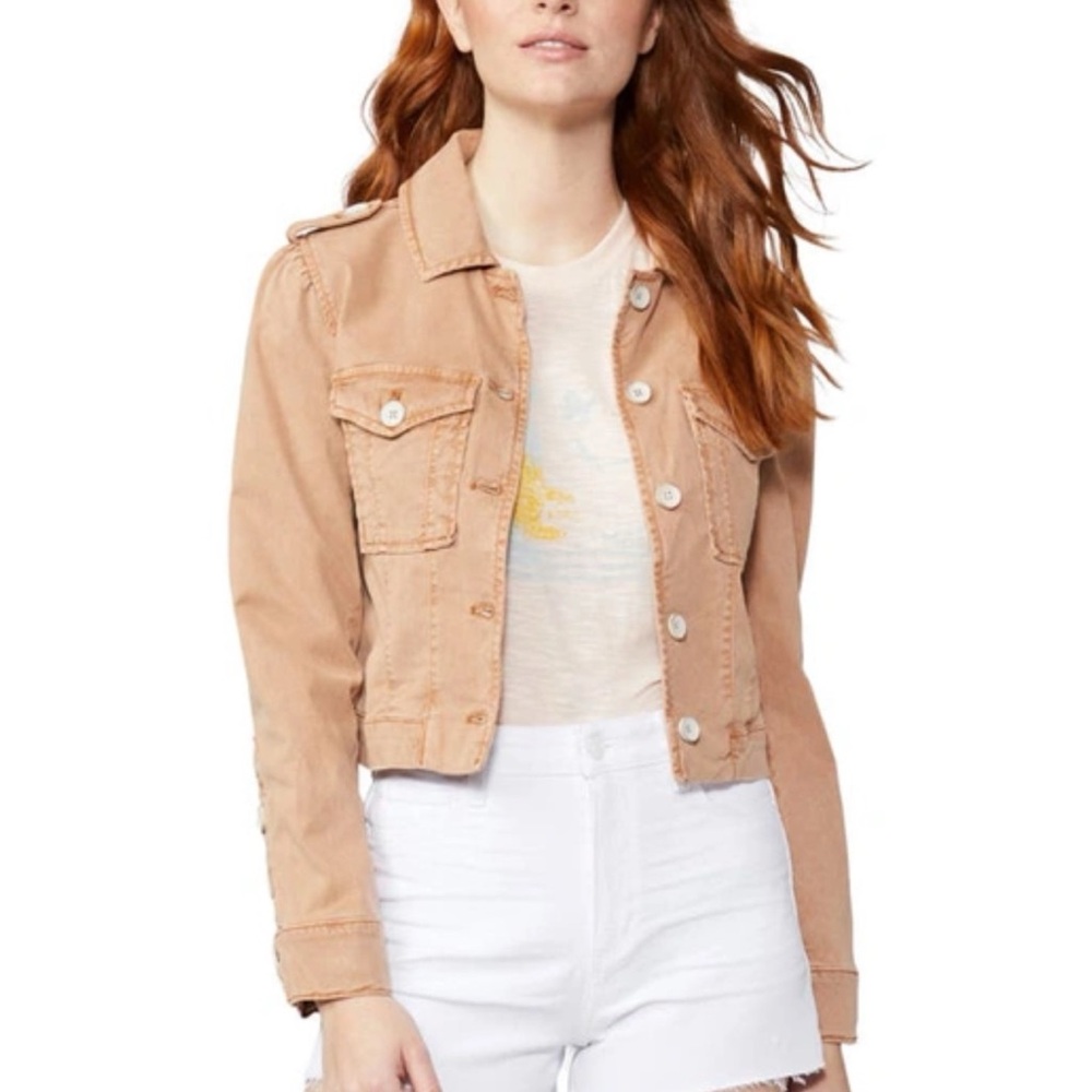 NEW Paige Pacey Cropped Denim Jacket Vintage Suntan Large Tan Beige